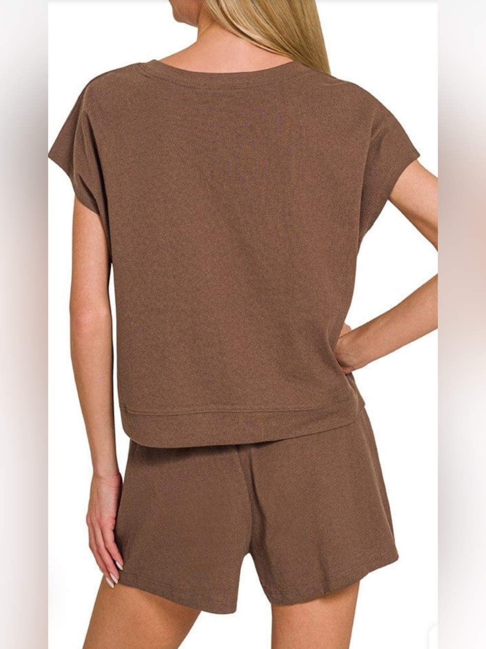 NWOT Zenana Outfitters Brown Short Sleeve Lounge Top & Shorts Set - Picture 2 of 2